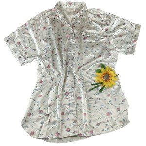 VTG Pajama White Ivory Floral Print Nightgown Dress Short Sleeve Sleepwear XL